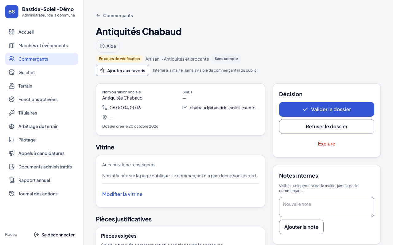 Fiche d’un commerçant et liste de contrôle