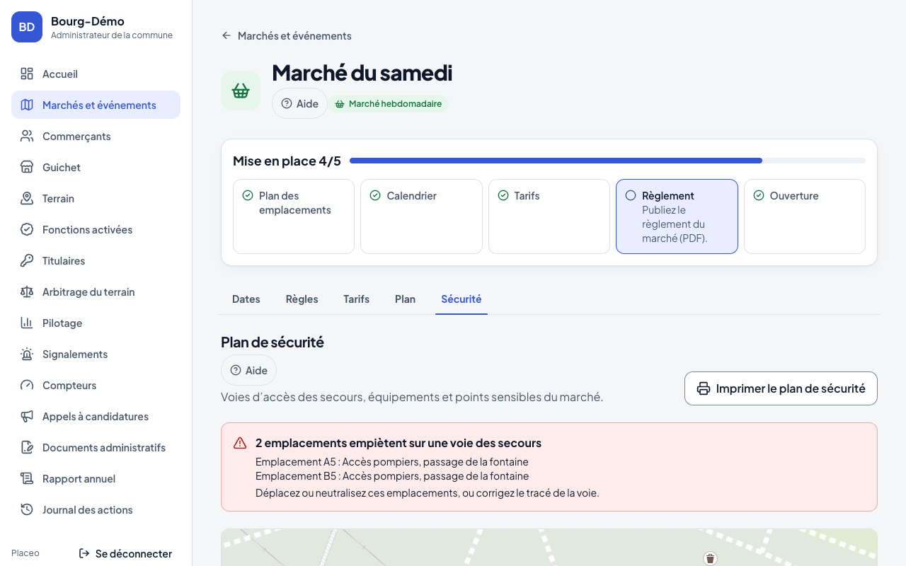 Plan de sécurité du marché sur la carte
